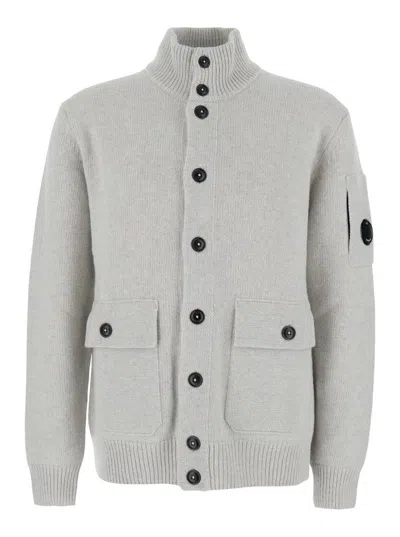 C.p. Company Grey Cardigan With High Neck And Logo Plaque On The Sleeve In Gray