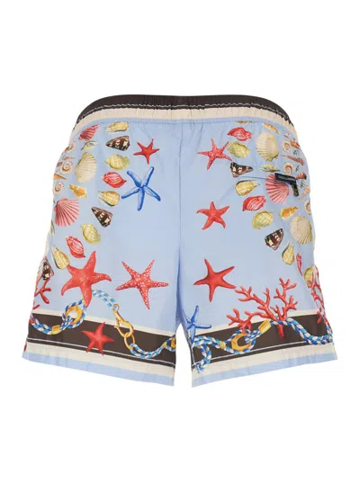 Dolce & Gabbana Light Blue Swim Shorts With Drawstring Elastic Waist And All-over Print
