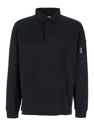 C.p. Company Black Sweatshirt With Polo Shirt Style Collar And Logo Plaque On The Sleeve In Black