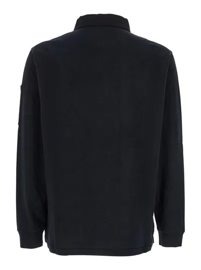 C.p. Company Black Sweatshirt With Polo Shirt Style Collar And Logo Plaque On The Sleeve In Black