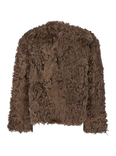 Plain Collarless Lamb Fur Jacket In Brown