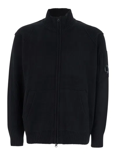 C.p. Company Black Jacket With High Neck And Logo Plaque On The Sleeve In Wool Blend Man In Black