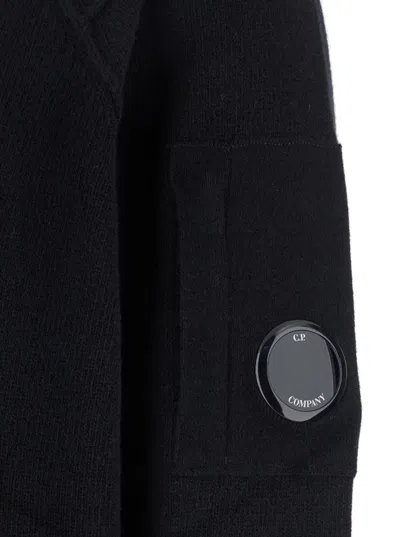 C.p. Company Black Jacket With High Neck And Logo Plaque On The Sleeve In Wool Blend Man In Black