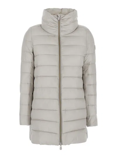 Save The Duck 'lydia' Beige Down Jacket With High Neck And Logo Patch On The Sleeve