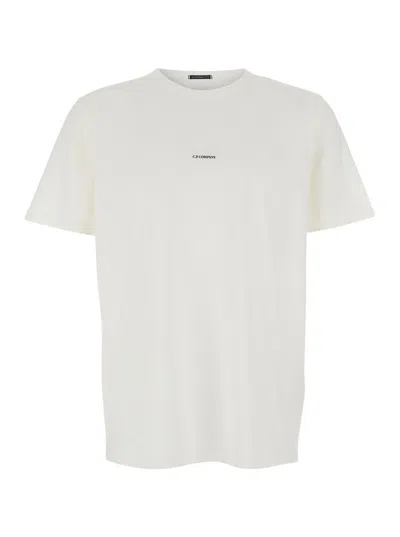 C.p. Company White Crewneck T-shirt With Logo Lettering On The Front In White