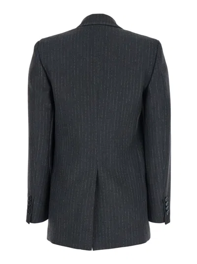Plain Striped Double Breasted Blazer In Gray