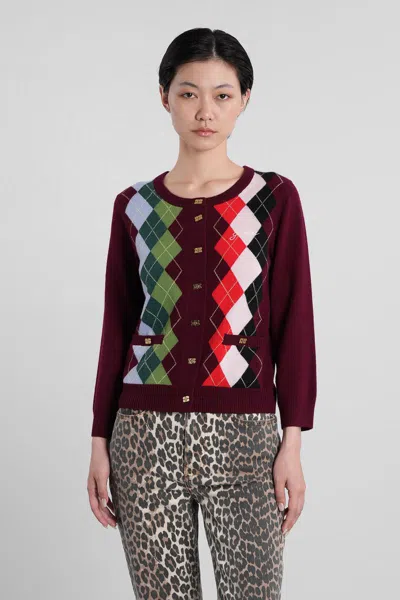 Ganni Multicolor Crewneck Cardigan With Jewel Buttons And Gemetric Motif On The Front