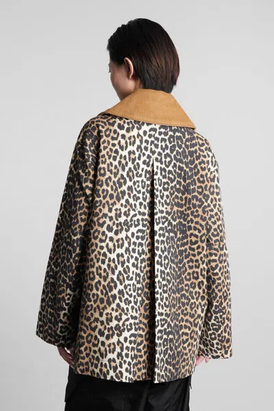 Ganni Leopard Printed Canvas Midi Puffer Jackets Brown In Animal Print