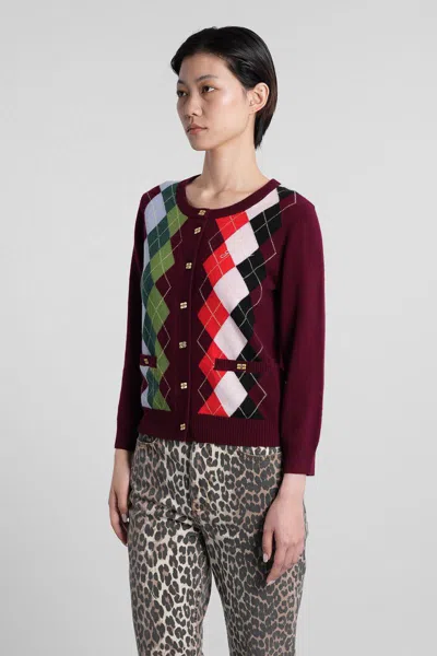 Ganni Multicolor Crewneck Cardigan With Jewel Buttons And Gemetric Motif On The Front