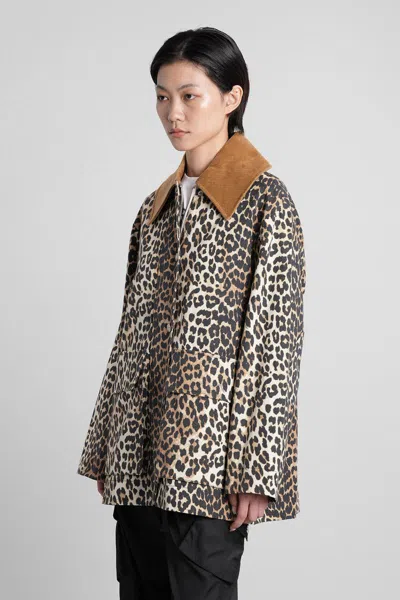 Ganni Leopard Printed Canvas Midi Puffer Jackets Brown In Animal Print