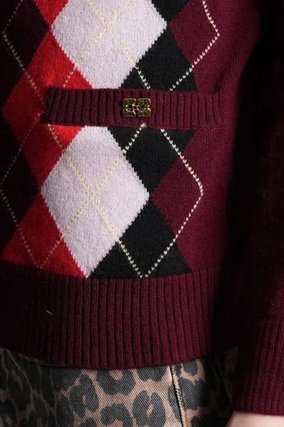 Ganni Multicolor Crewneck Cardigan With Jewel Buttons And Gemetric Motif On The Front