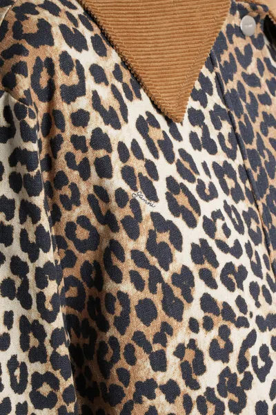 Ganni Leopard Printed Canvas Midi Puffer Jackets Brown In Animal Print