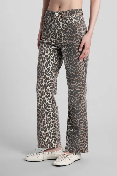 Ganni Leopard Print Cropped Jeans In Brown