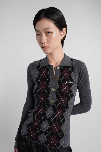 Ganni Grey Sweater With Classic Collar And Check Motif On The Front In Wool Woman