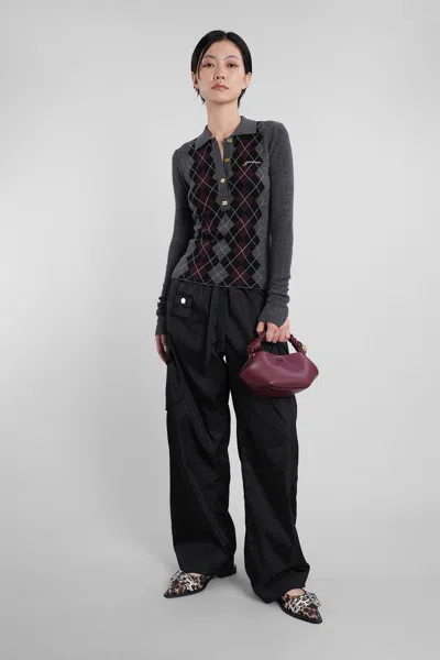 Ganni Grey Sweater With Classic Collar And Check Motif On The Front In Wool Woman