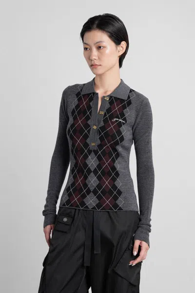 Ganni Grey Sweater With Classic Collar And Check Motif On The Front In Wool Woman
