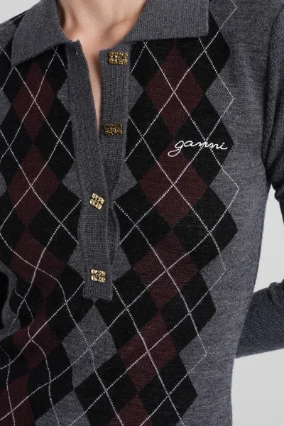 Ganni Grey Sweater With Classic Collar And Check Motif On The Front In Wool Woman