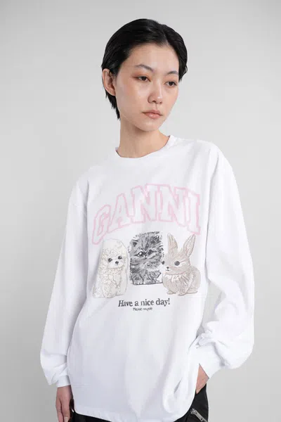 Ganni Women Animals Print Logo Long Slevees Top In White