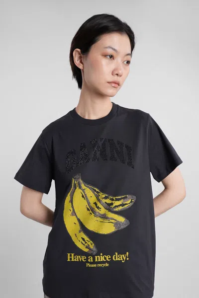 Ganni Crew-neck Cotton T-shirt With Banana Print In Black