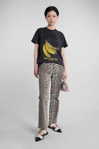 Ganni Crew-neck Cotton T-shirt With Banana Print In Black