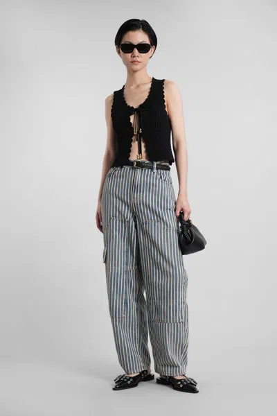 Ganni Light Stripe Denim Carpenter Jeans In Gray