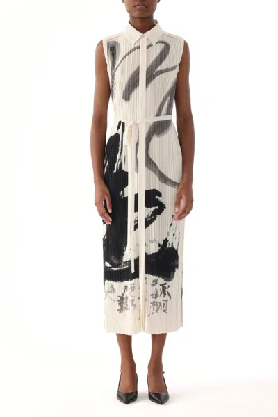 Jason Wu Pleated Sleeveless Shirtdress With Artwork By Tong Yang Tze In White