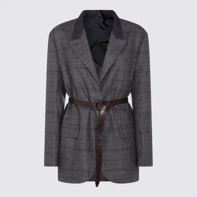 Brunello Cucinelli Waist Belted Checkered Pattern Blazer In Gray