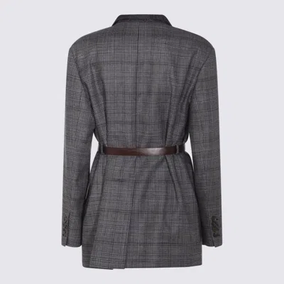 Brunello Cucinelli Waist Belted Checkered Pattern Blazer In Gray