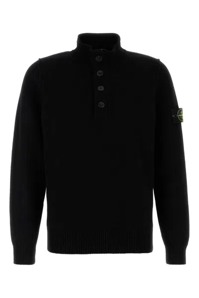 Stone Island High Collar Pullover With Buttoned Placket And Logo Patch In Black