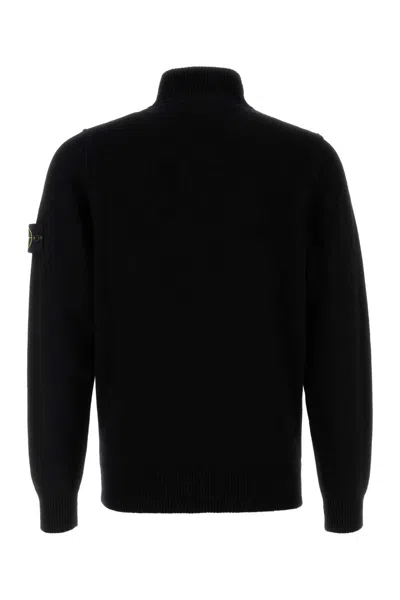 Stone Island High Collar Pullover With Buttoned Placket And Logo Patch In Black