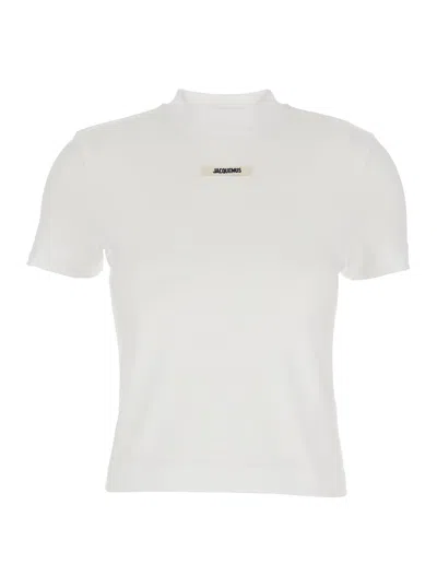 Jacquemus Le T-shirt Gros Grain White Crewneck T-shirt With Logo Patch On The Front In Cotton Stretch Woman In White