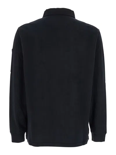 C.p. Company Black Sweatshirt With Polo Shirt Style Collar And Logo Plaque On The Sleeve In Black
