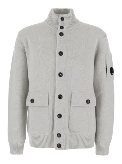 C.p. Company Grey Cardigan With High Neck And Logo Plaque On The Sleeve In Gray