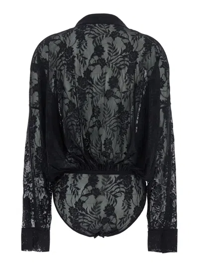 Norma Kamali Super Oversized Boyfriend Nk Shirt Bodysuit In Black
