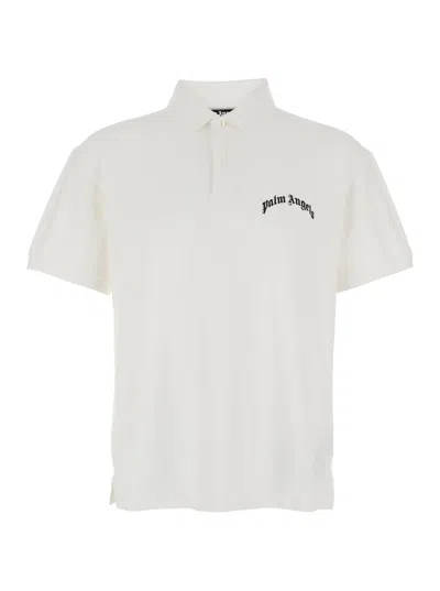 Palm Angels White Polo Shirt With Classic Collar And Logo On The Front In Metallic