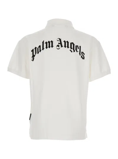 Palm Angels White Polo Shirt With Classic Collar And Logo On The Front In Metallic