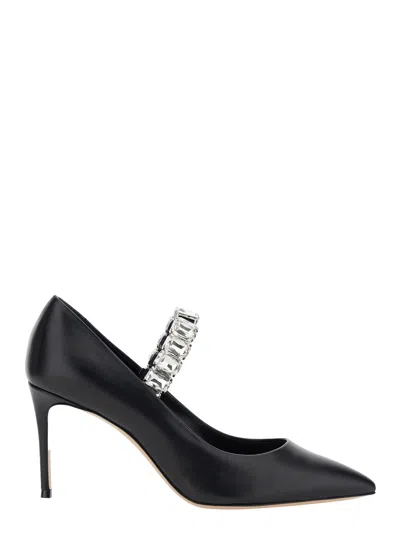 Casadei Black Pumps With Crystal Embellished Strap And High Stiletto Heel In Leather Woman In Black