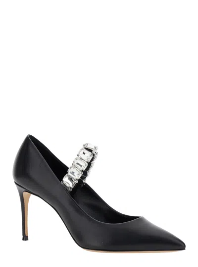 Casadei Black Pumps With Crystal Embellished Strap And High Stiletto Heel In Leather Woman In Black