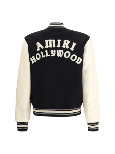 Amiri Mens Hollywood Embroidered-text Wool-leather Blend Bomber Jacket Black Xl In Black