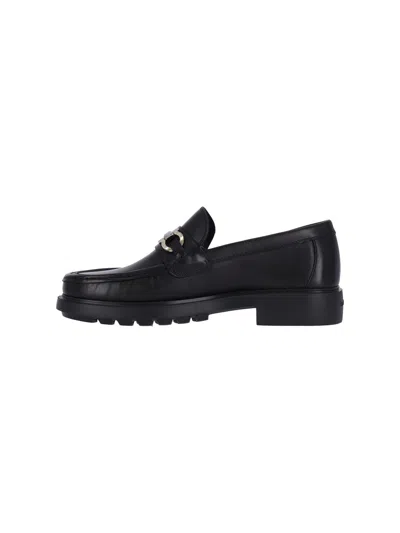 Ferragamo Leather Loafer With Gancini Metal Detail In Black