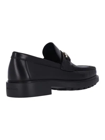 Ferragamo Leather Loafer With Gancini Metal Detail In Black