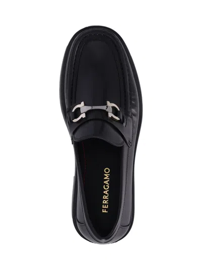 Ferragamo Leather Loafer With Gancini Metal Detail In Black