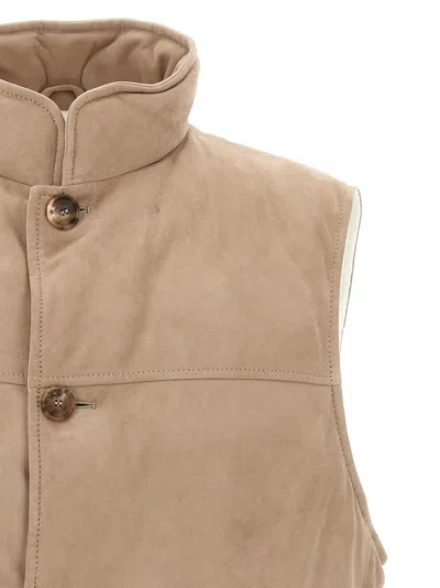 Brunello Cucinelli Beige Suede Sleeveless Down Jacket In Neutral