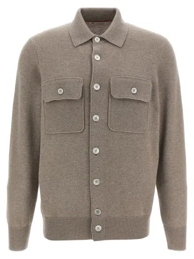 Brunello Cucinelli Cashmere Collared Design Cardigan In Neutral