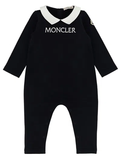 Moncler Blue Babygrow For Baby Boy With Logo In Black