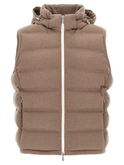 Brunello Cucinelli Men Sleeveless Wool Down Jacket With Detachable Hood In Brown