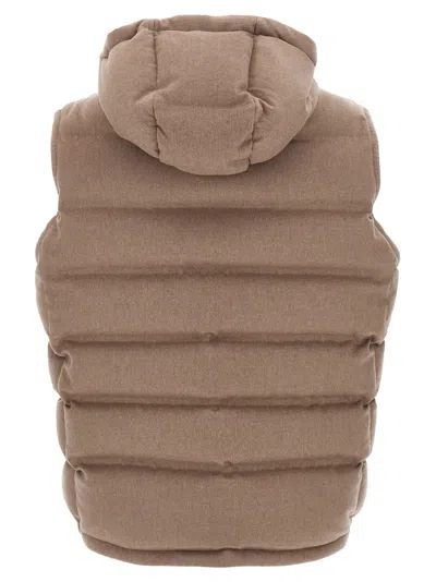 Brunello Cucinelli Men Sleeveless Wool Down Jacket With Detachable Hood In Brown