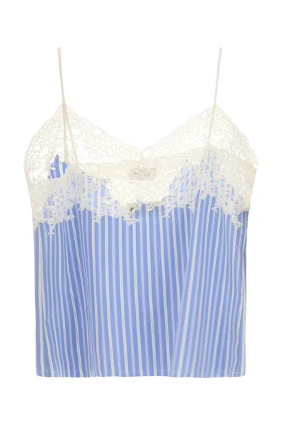 Miu Miu Poplin Top With Embroidered Lace Trim In Blue