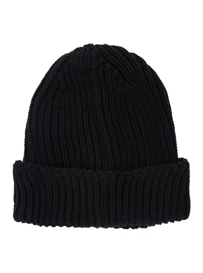 C.p. Company Black Knit Beanie With Googles Detail On The Front In Black