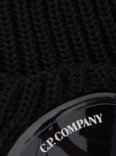 C.p. Company Black Knit Beanie With Googles Detail On The Front In Black